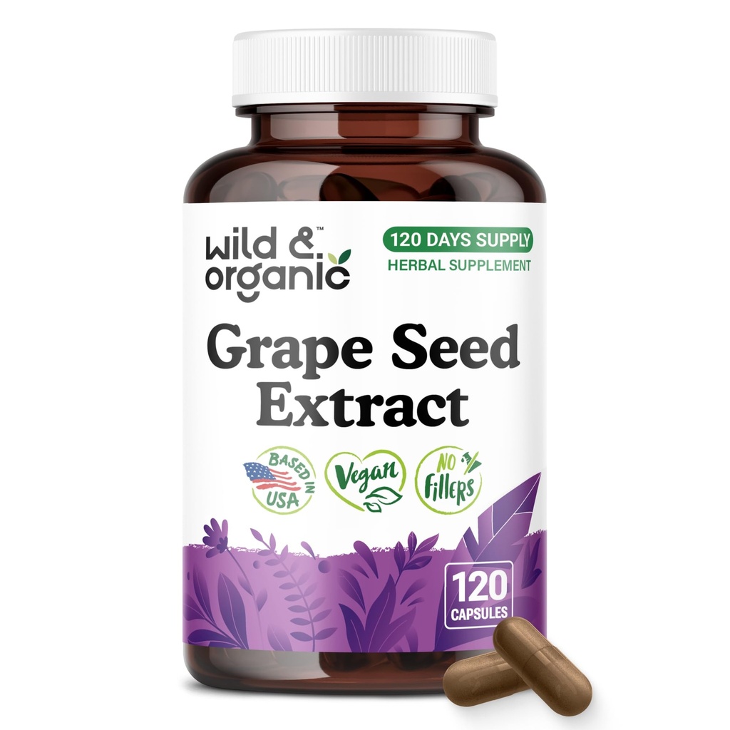 Wild & Organic Grape Seed Capsules 400 mg - Antioxidant Support - 120 Count | 95% Polyphenols - Grapeseed Extract Supplement - 4 Month Supply - Vegan, No Artificial Additives