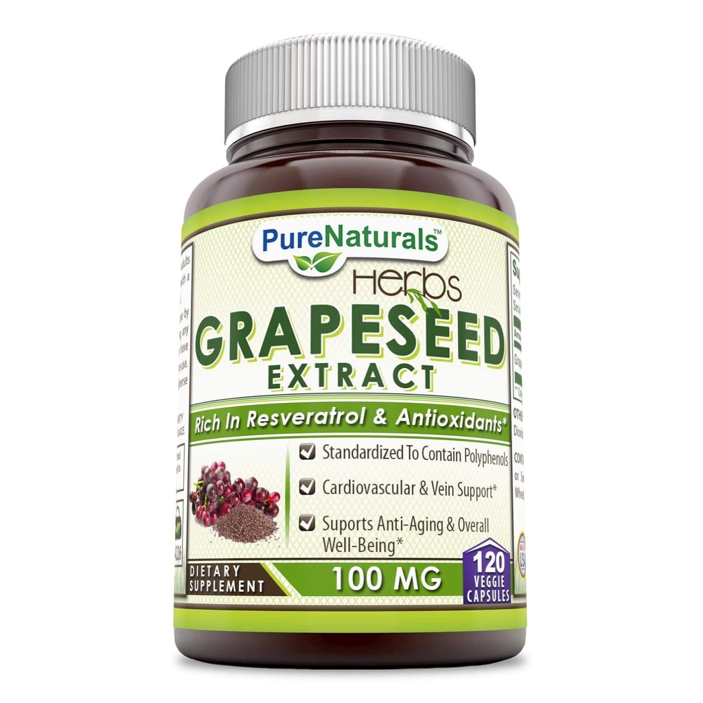 Pure Naturals Grapeseed Extract - 100mg Grape Seed Veggie Capsules Rich in Resveratrol - Easier to Swallow 120 Capsules- Standardized to Contain Polyphenols*- Supports Immune Health*, Anti-Aging*