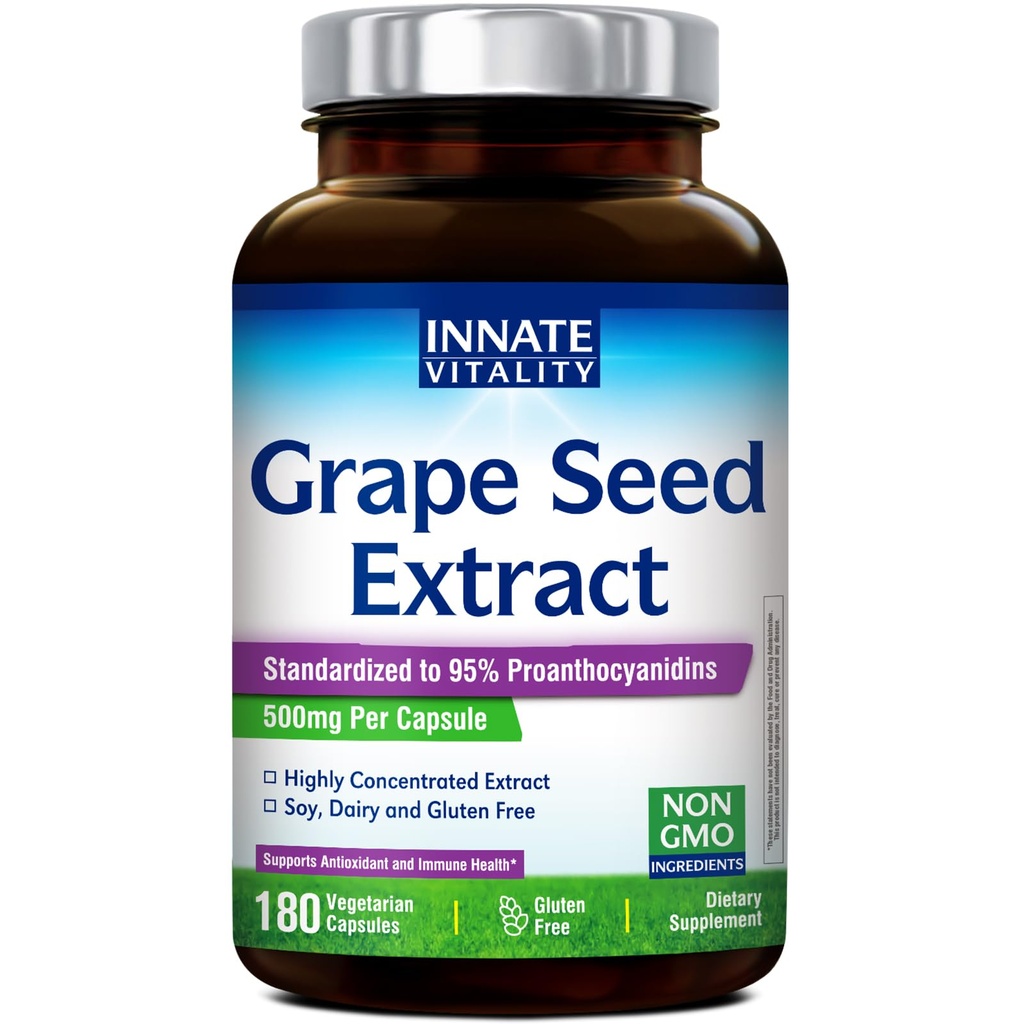 Innate Vitality Grape Seed Extract Capsules, Maximum Strength 500mg, Antioxidant, Immune and Heart Support, Highly Concentrated Extract with 95% Proanthocyanidins, 180 Vegetarian Capsules