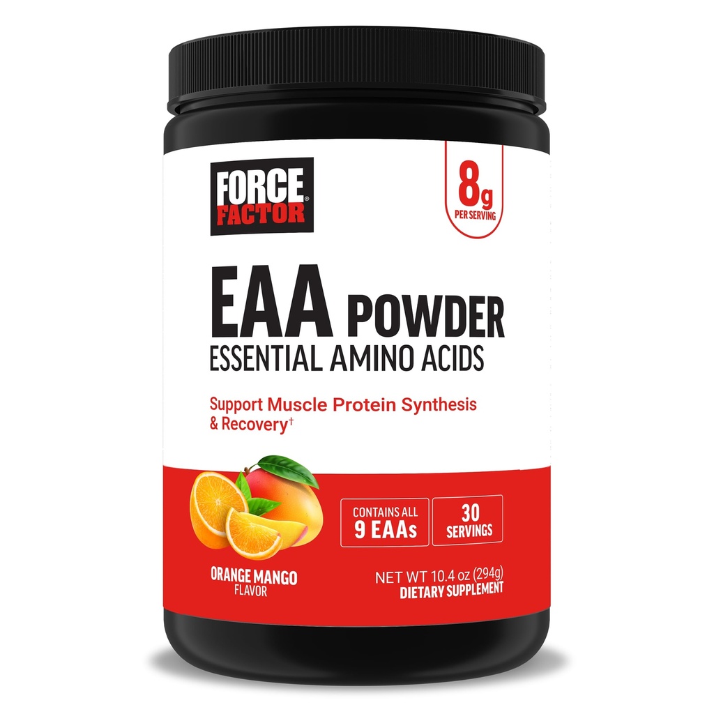 Force Factor Essential Amino Acids, Full Spectrum EAAs Amino Acids Powder, Amino Acids συμπλήρωμα για τις γυναίκες και τους άνδρες για την υποστήριξη υγιή μυών και αποκατάστασης προπόνηση, Orange Mango, 30 εξυπηρετούν