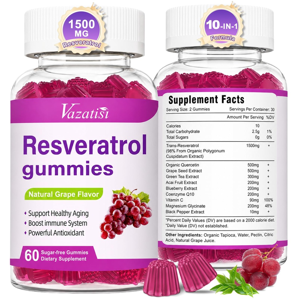 High Purity Resveratrol Gummies, 98% Trans-Resveratrol with Quercetin, Coq 10, Vitamin C, Reservatrol Supplement for Antioxidant, Anti-Aging, 120 Gummies