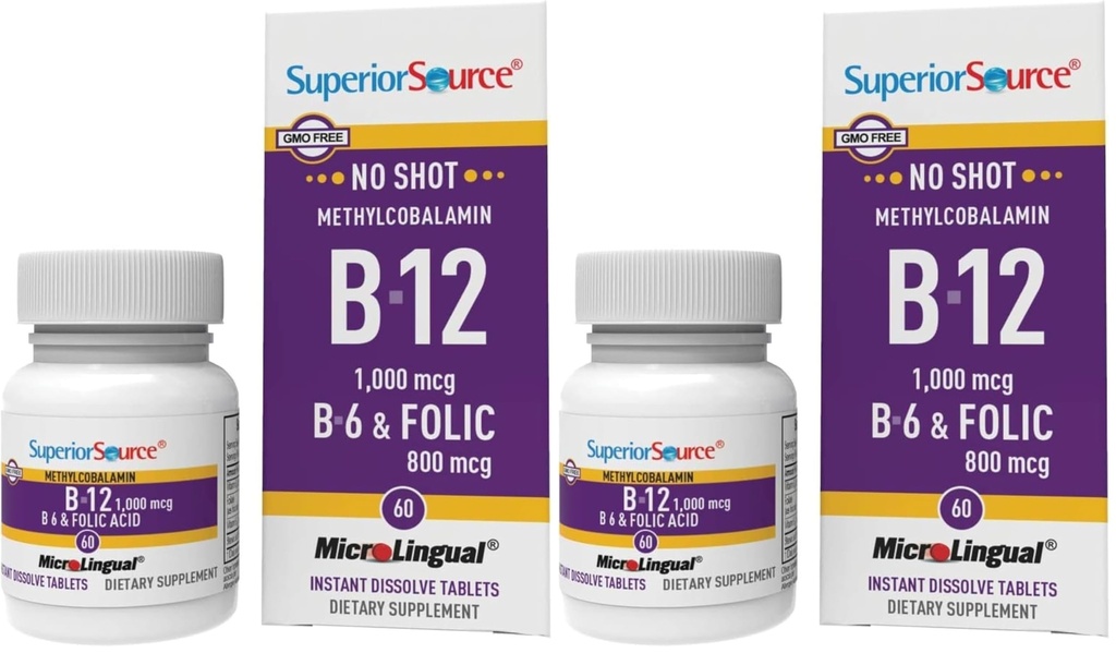 Superior Source No Shot Vitamin B-12 Methylcobalamin 1000 mcg, B-6 & Folic Acid 800 mcg - Supports Brain & Heart Health - Aids Natural Energy Levels - 60 Sublingual Dissolving Tablets (Pack of 2)
