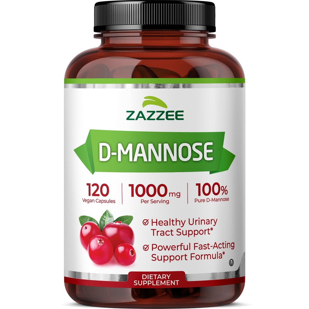 Zazzee D-Mannose, 1000 mg per Serving, 120 Vegan Capsules, 2 Month Supply | Potent & Fast-Acting, Certified Kosher, 100% Pure, All-Natural Urinary Tract Health Support, 100% Vegetarian, Non-GMO