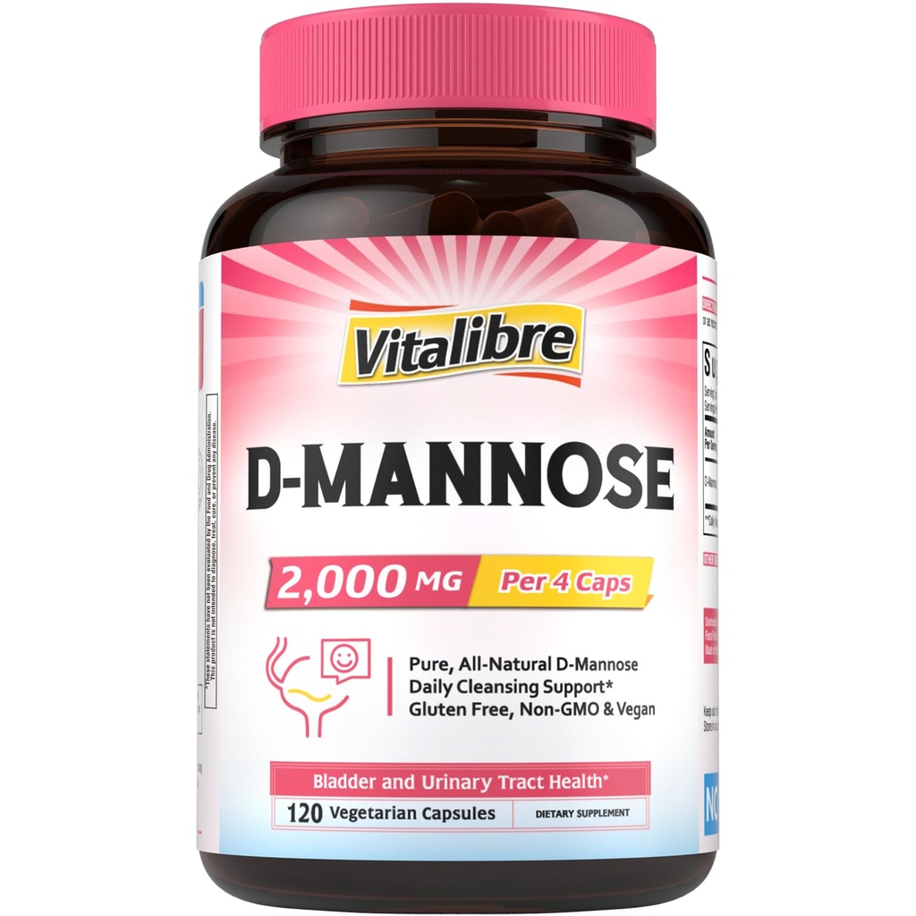 Vitalibre D-Mannose Supplements for Women, 2,000mg Per Serving, 100% Pure, All-Natural Urinary Tract Health Support, 120 Vegan Capsules