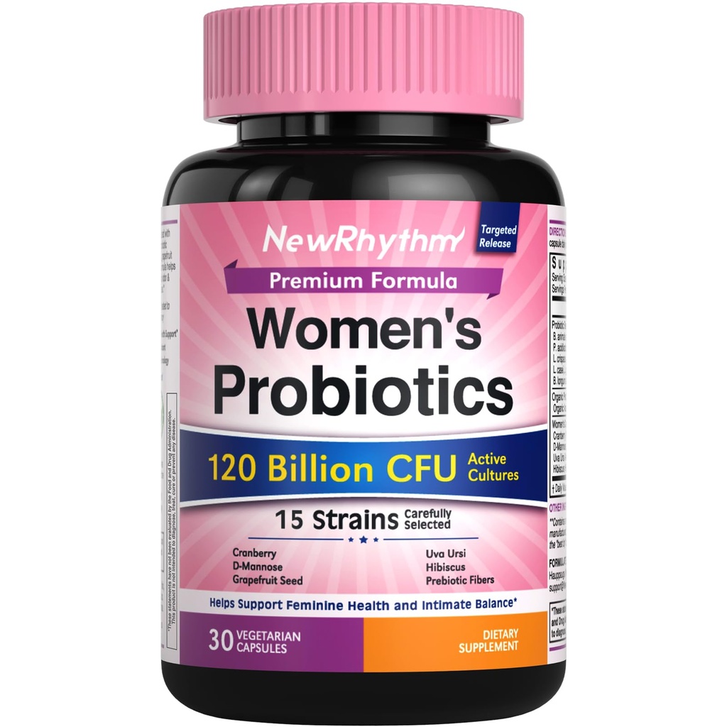 NewRhythm Probiotics for Women 120 Billion CFU, 22-in-1 with Prebiotics, Cranberry, D-Mannose, Grapefruit Seed, Uva Ursi & Hibiscus, pH Balance, Urinary Tract Health, Vegan, Non-GMO, 30 Caps