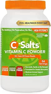C-Salts Vitamin C Powder Supplement - 100% Pure Υψηλής Δόσης Puffered Vitamin C Powder for Immune Support - Organic, Sugar-Free, Vegan, Non-GMO, Στομάχι-Friendly, Original 8 oz