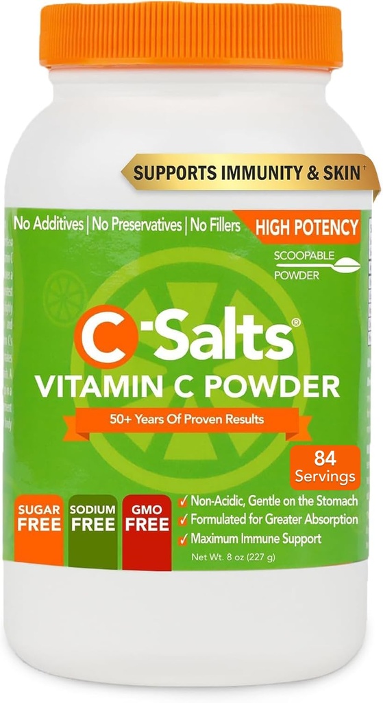 C-Salts Vitamin C Powder Supplement - 100% Pure Υψηλής Δόσης Puffered Vitamin C Powder for Immune Support - Organic, Sugar-Free, Vegan, Non-GMO, Στομάχι-Friendly, Original 8 oz