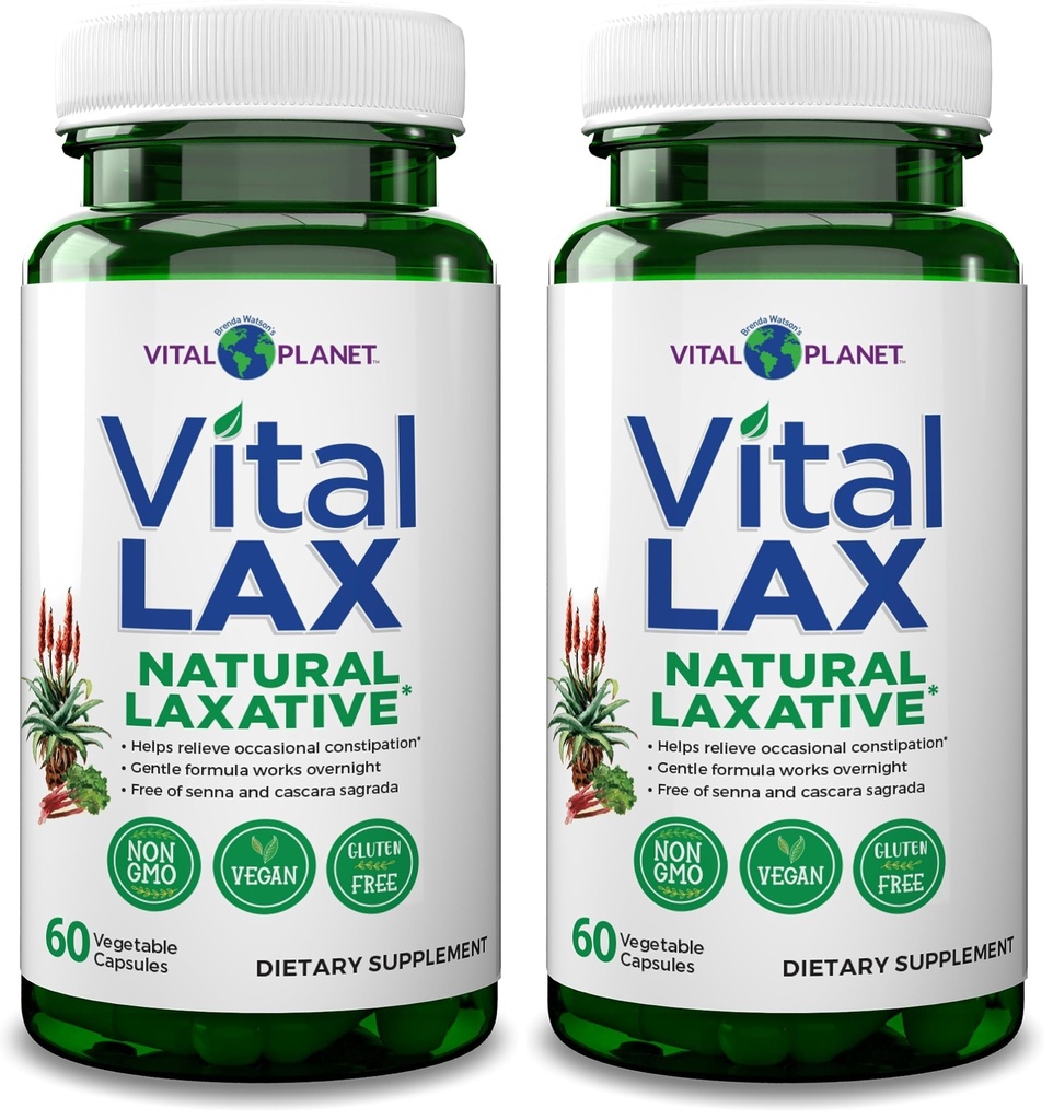 Vital Planet - Vital Lax Natural Laxative Cleanse Supplement for Occasional Constipation, with Magnesium Hydroxide, Slippery Elm, Aloe, and Triphala to Support Bowel Regularity 60 Capsules (Pack of 2)