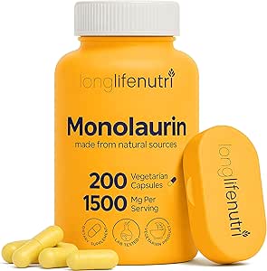 LongLifeNutri Monolaurin 1500mg - Ισχυρή γλυκερόλη από καρύδα, 200 κάψουλες χορτοφάγων, οργανικό συμπλήρωμα για την ισορροπία και φυσική άμυνα, προμήθεια 100 ημερών, GMP Certified, Κατασκευασμένο στις ΗΠΑ