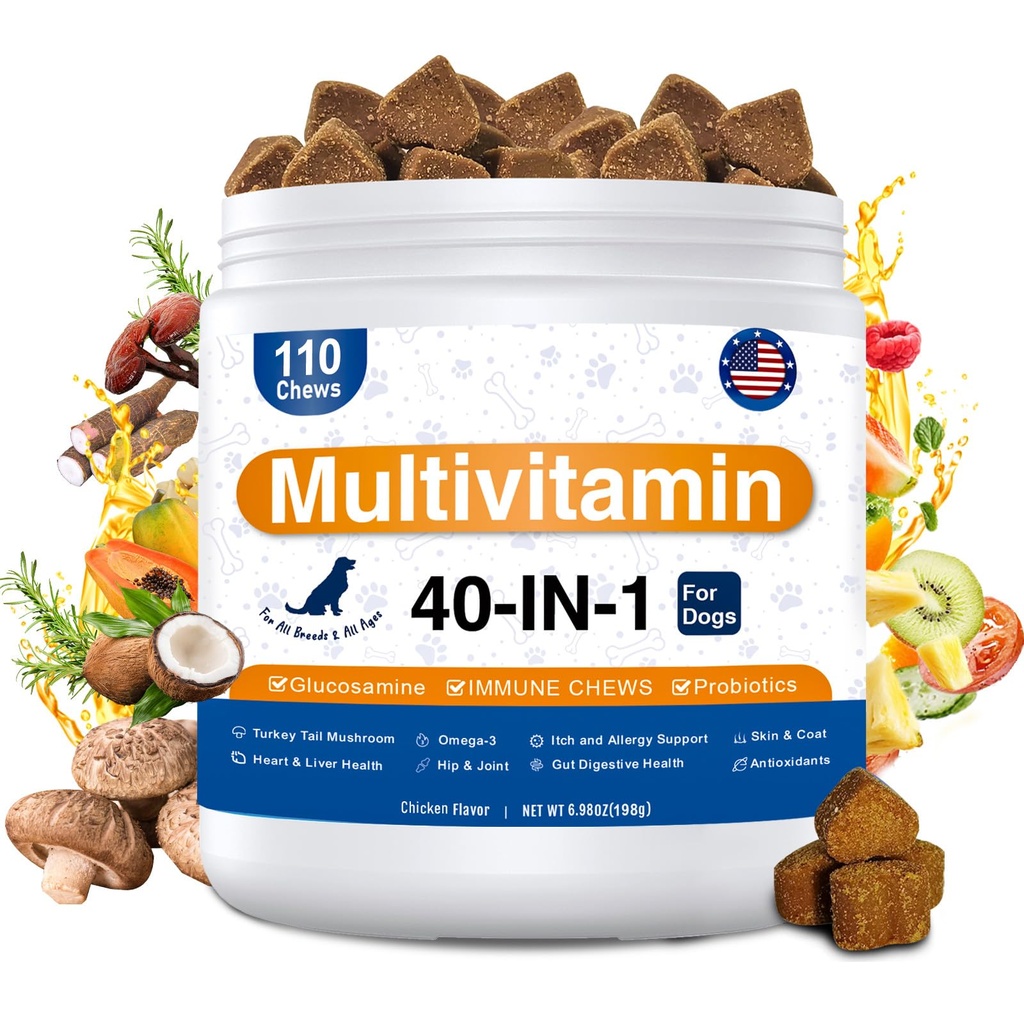 Dog Multivitamin, 40-in-1 Dog Vitamins and Supplements Chewable Contain Probiotics Omega-3 Glucosamine, Multivitamin for Dogs Skin Coat Heart Joint Liver Brain Eyes Immune Support (110ct)