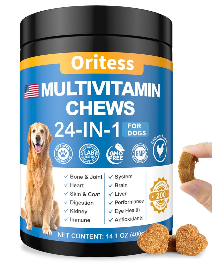 Dog Vitamins and Supplements 200 Chews 24-in-1 Multivitamin Chewable for Dogs with Glucosamine Probiotics Omega-3 Dog Chewable for Coat, Heart, HIPS & Joints, Digestion & Immune System
