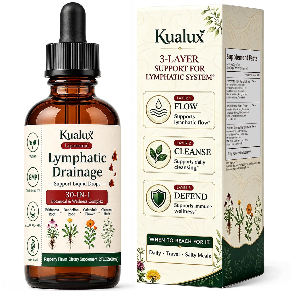 Lymphatic Drainage Drops, Liposomal, 30-in-1, 60 Servings, 2 Fl Oz | Flow Support, Daily Cleanse, Immune Health, Echinacea, Dandelion, Cleavers, Vegan, Non-GMO, Alcohol-Free, Raspberry Flavor