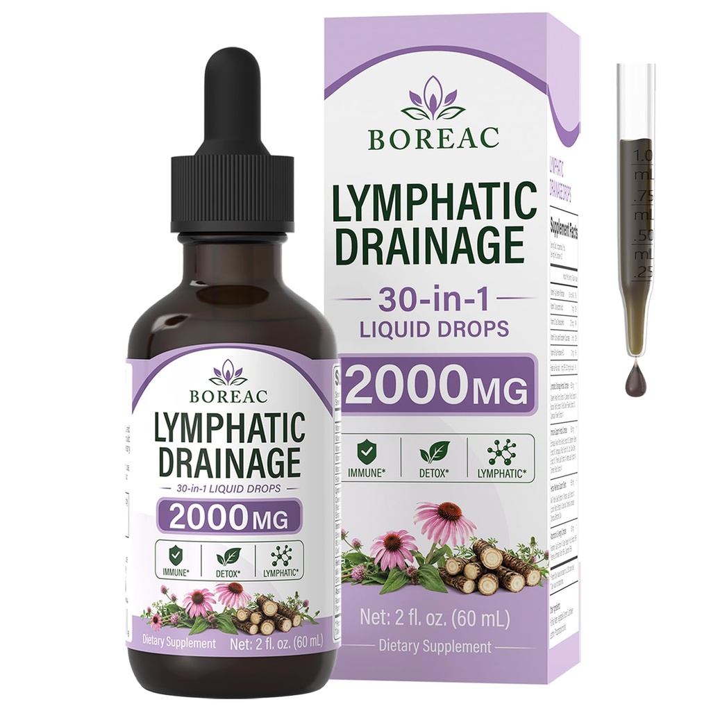 Lymphatic Drainage Drops, 30-in-1 Lymphatic Support with Bentonite Clay、Echinacea, Dandelion Root, Turmeric, Burdock, and Elderberry - Immune Support, Cleanse & Detox