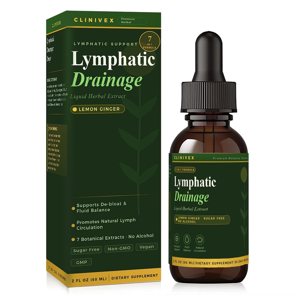 7-in-1 Lymphatic Drainage Drops - High Potency Cleavers, Horse Chestnut & Butcher's Broom Supplement - Dual-Channel Fluid Balance & De-Puff for Women - Alcohol-Free, Lemon Ginger, 2 Fl Oz