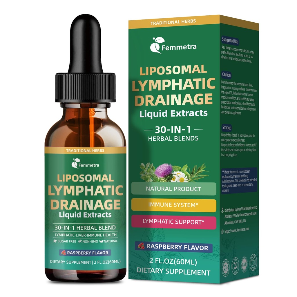 Liposomal Lymphatic Drainage Supplements with 30-in-1 Herbal Blend | Echinacea | Oregano | Milk Thistle - Sugar Free Lymph System Drops - Immune Support, Cleanse & Detox, 2 fl oz
