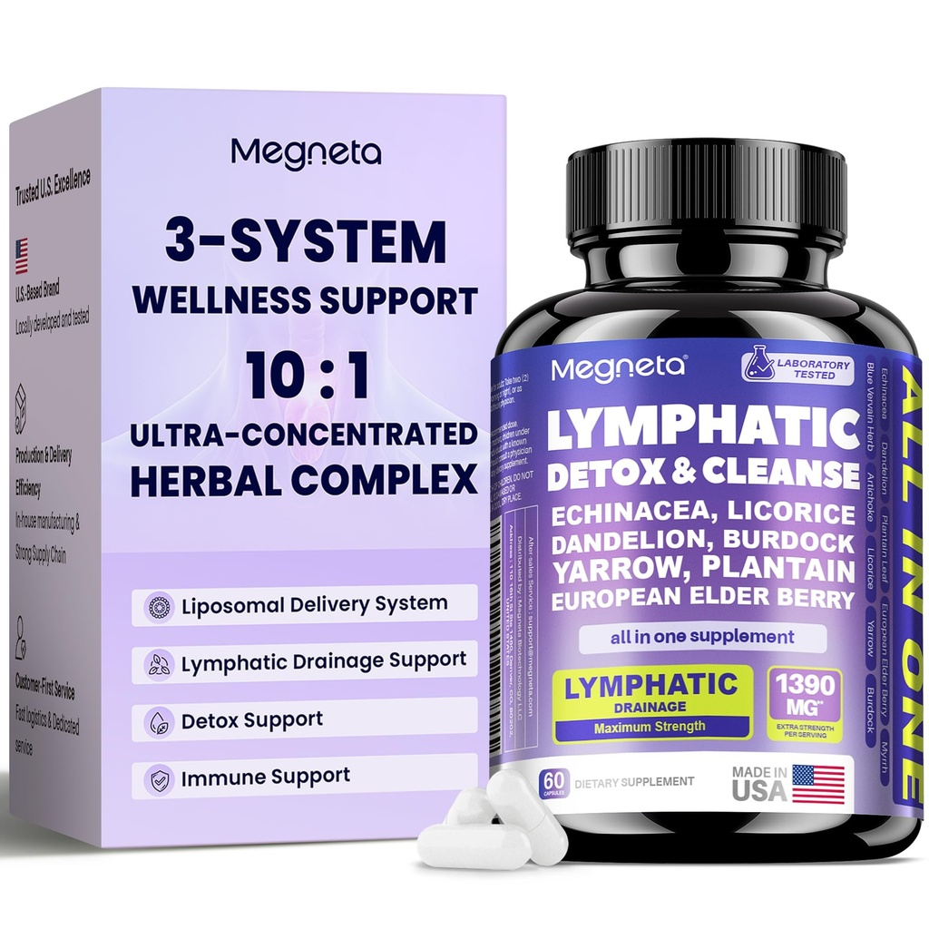 Lymphatic Drainage Supplements Herbal Complex with Echinacea,Dandelion | Ease Systemic Puffiness,Supports Lymphatic Balance,Promotes Immune Wellness,Liposomal 20x Better Absorption,60ct