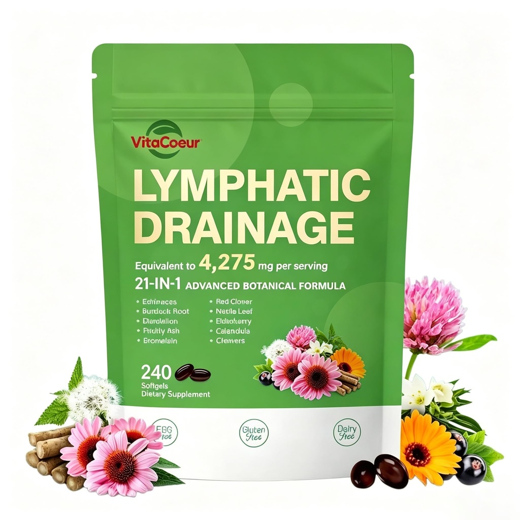 Lymphatic Drainage Supplement 240 Softgels for Men Women | 21-in-1 Herbal Blend, Echinacea Dandelion Burdock Turmeric Bromelain, Lymph Support & Cleanse, Immune & Liver Cleanse