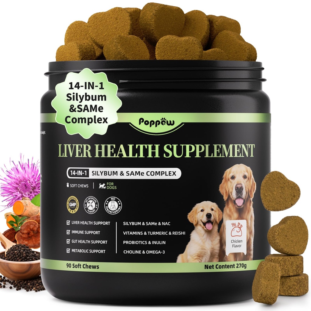 Dog Liver Support Chews - with Milk Thistle (Silybum) | SAMe & NAC - Liver Supplement for Metabolic - Detox - Gut & Immune Health - Chicken Flavor, 90 Soft Chews