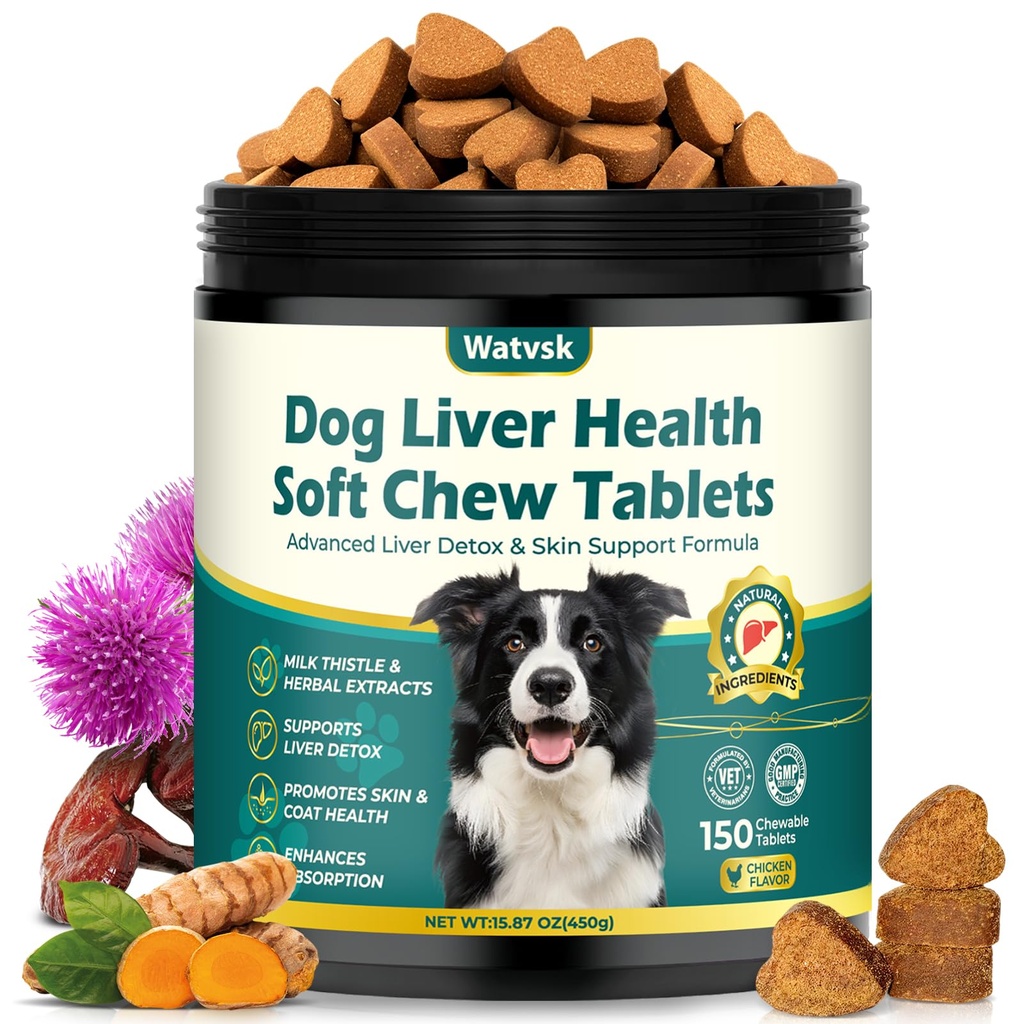 150 Chews Milk Thistle for Dogs Advanced Milk Thistle Supplement for Dogs with Curcumin Choline Fish Oil Prebiotics Healthy Liver Skin Coat Immune Boost Fit Large Small Medium Breed Chicken Flavor