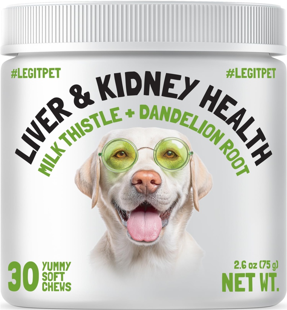 Liver & Kidney Support for Dogs Detox Natural Supplement with Milk Thistle Dandelion Root Turmeric Curcumin Hepatic Support Treats for Canine Liver Function (30 Chews (Pack of 1))