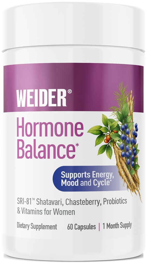 Weider Hormone Balance for Women, Women's Wellness Formula, 60 Capsules | With SRI-81 Shatavari, Chasteberry, Vitamins and Probiotics, Supports Energy, Stress, Cycle Symptoms, and Vaginal Health
