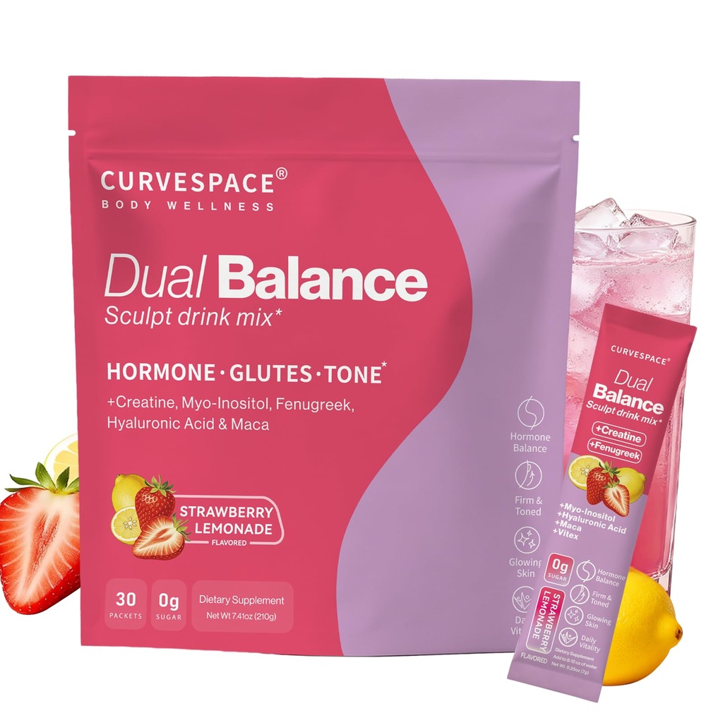 Dual Balance Sculpt Drink Mix, Strawberry Lemonade, 30 Packets | Hormone & Muscle Support with Creatine, Myo-inositol & Fenugreek, Vitex, Maca & Wild Yam, Hyaluronic Acid, 0g sugar