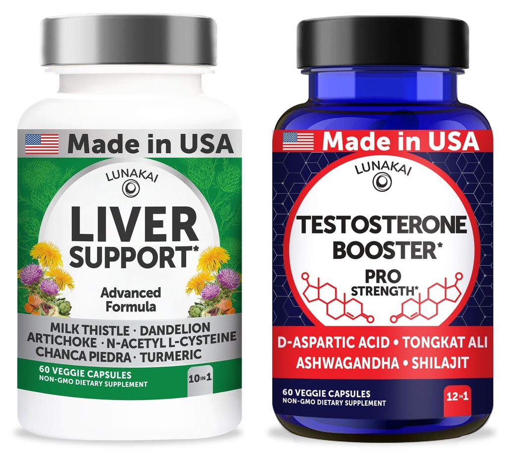 Lunakai USA Made Liver Support + Testosterone Booster Capsules Bundle – Non-GMO – 60ct Each