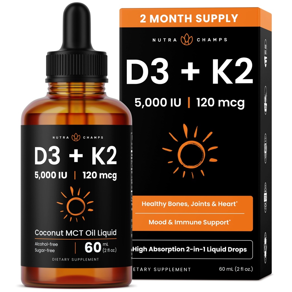 NutraChamps Βιταμίνη D3 K2 σταγόνες, Υγρή Βιταμίνη D3 5000 IU & K2 D3 με MK7, Βιταμίνη D σταγόνες για παιδιά, οστά, καρδιά & ανοσοποιητική υγεία, Υγρή Βιταμίνη D σε MCT Oil για καλύτερη απορρόφηση