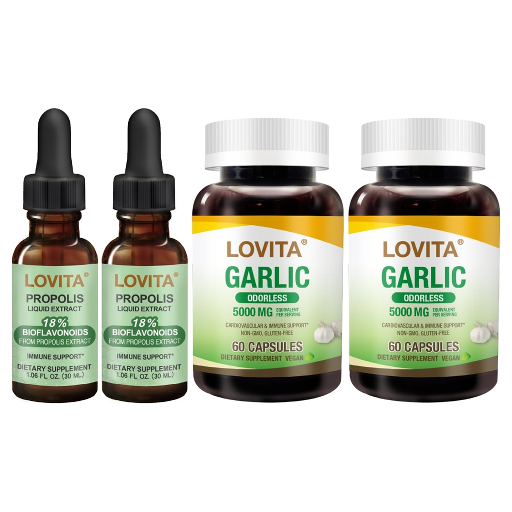 LOVITA Dual Wellness Bundle - 2 Propolis Liquid & 2 Odorless Garlic Bottles, High Potency Allicin & Alcohol-Free Propolis (4 Pc Set)