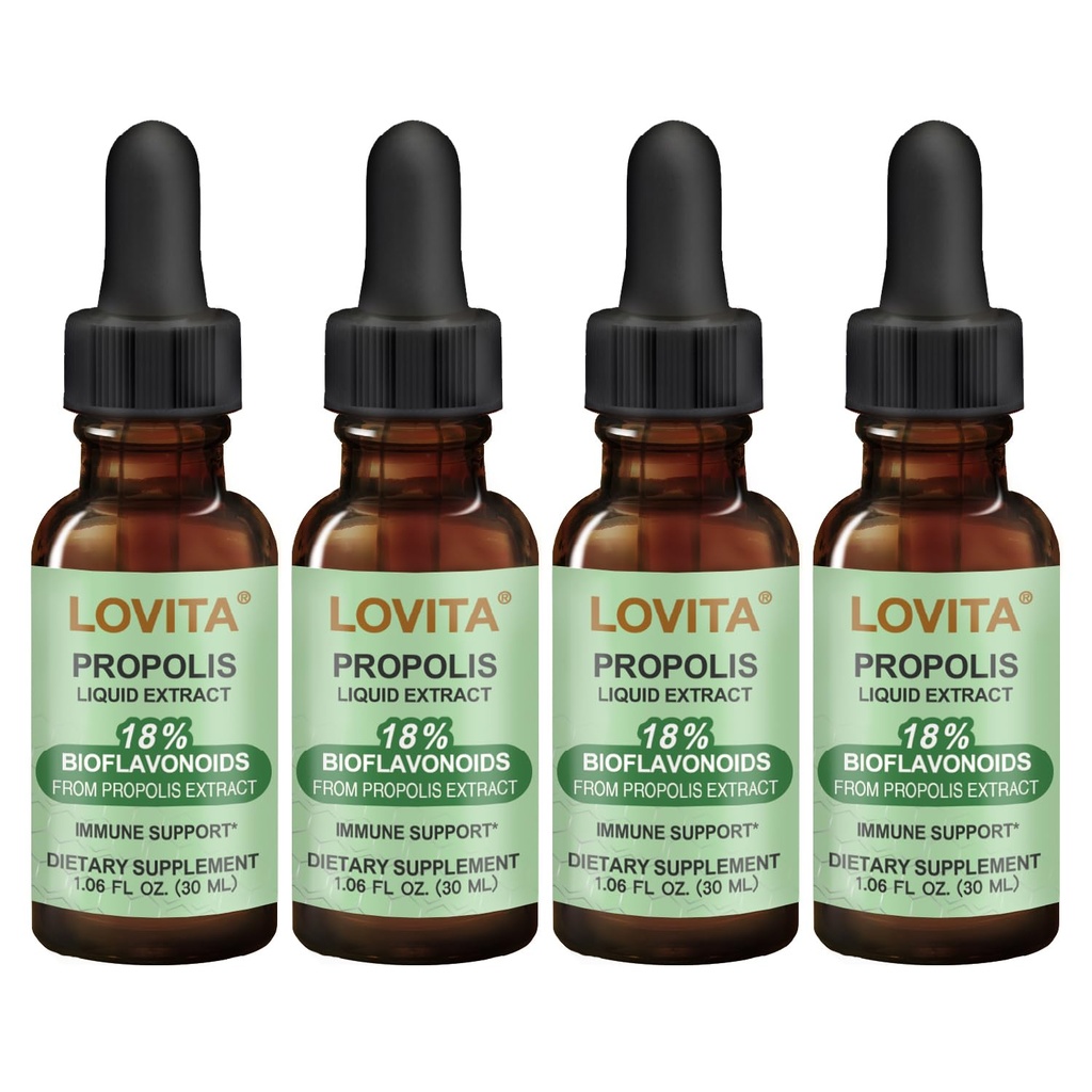 LOVITA 4 Bottles Value Pack, Bee Propolis Liquid Extract 500mg, 5:1 Resin Drops with 18% Bioflavonoids, Alcohol-Free Antioxidant, Immune Support & Throat Soothing