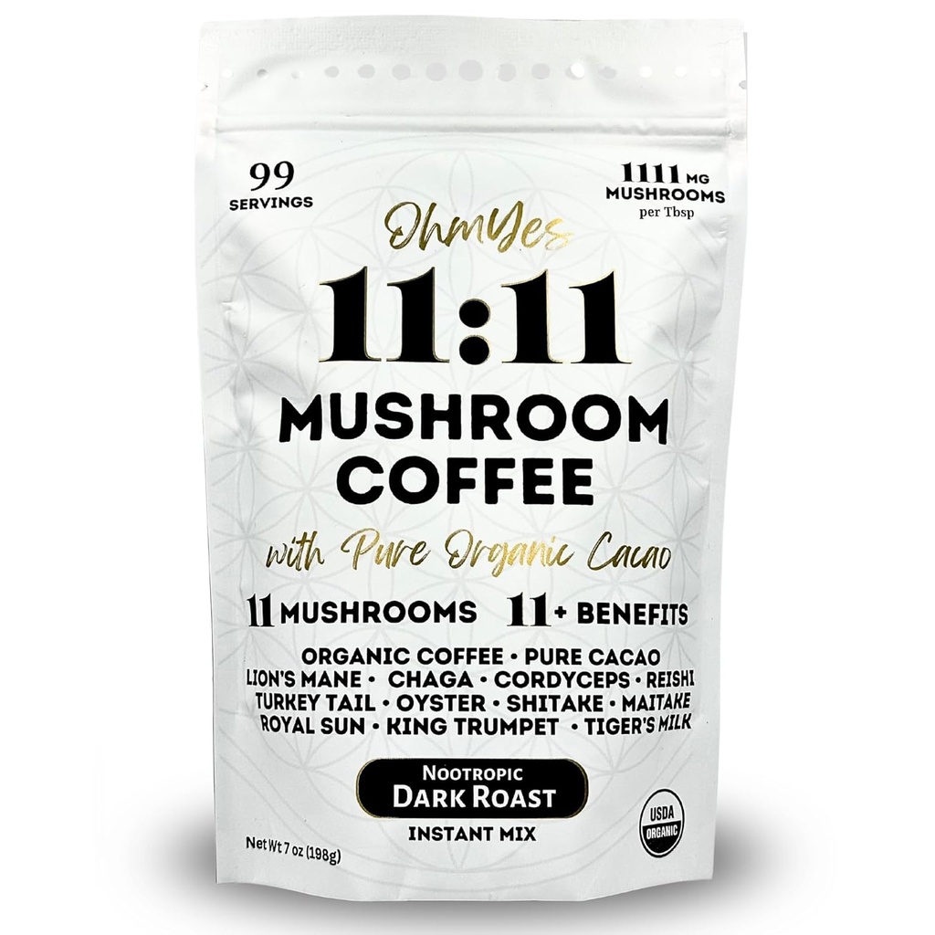 Ohmyes 11 Mushroom Coffee with Cacao – 11 USA Grown Adaptogenic Mushrooms for Focus, Clarity & Energy – Lion’s Mane, Reishi, Chaga + Nootropic Organic Superfood by OhmYes (7oz) - 99 Servings