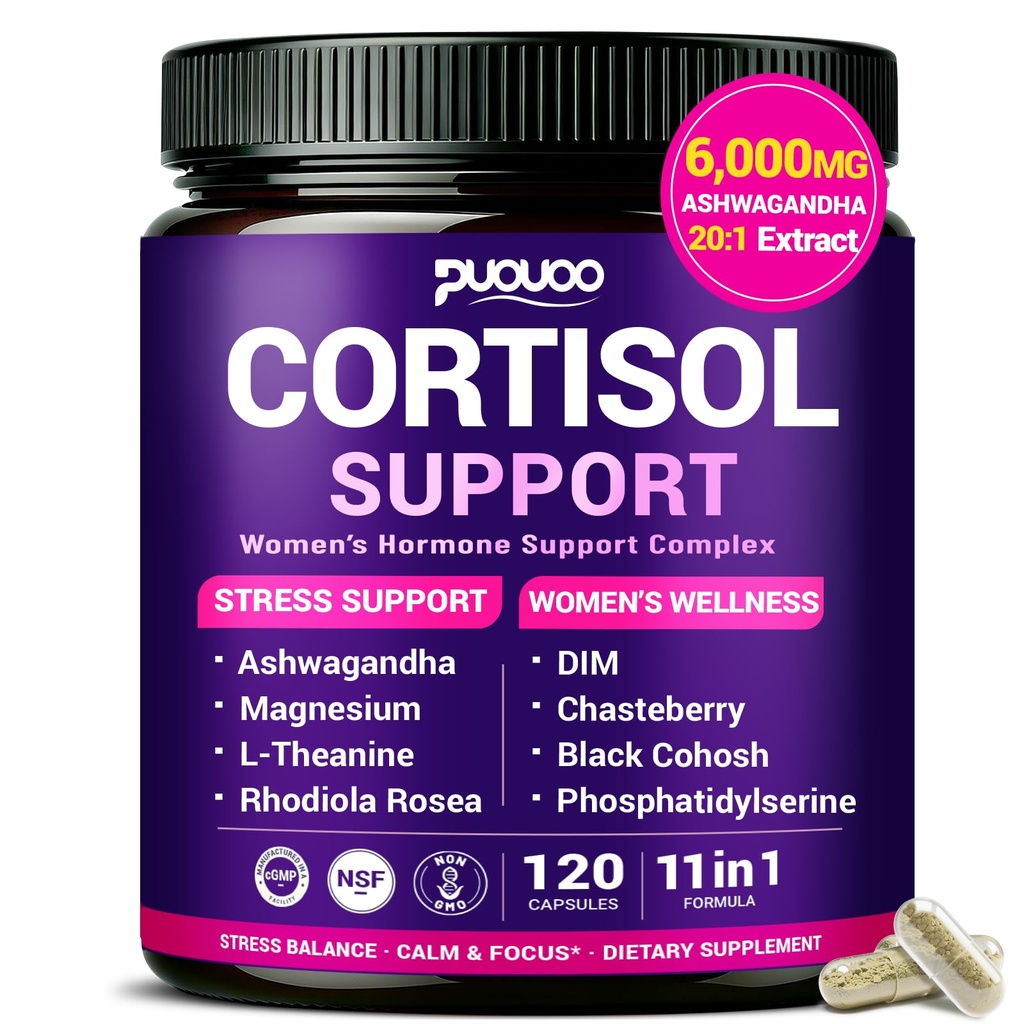 11-in-1 Cortisol Supplement for Women and Men, 120 Capsules | Cortisol Reducer and Detox, Magnesium, Ashwagandha & L-Theanine, Mood, Focus, Sleep Support