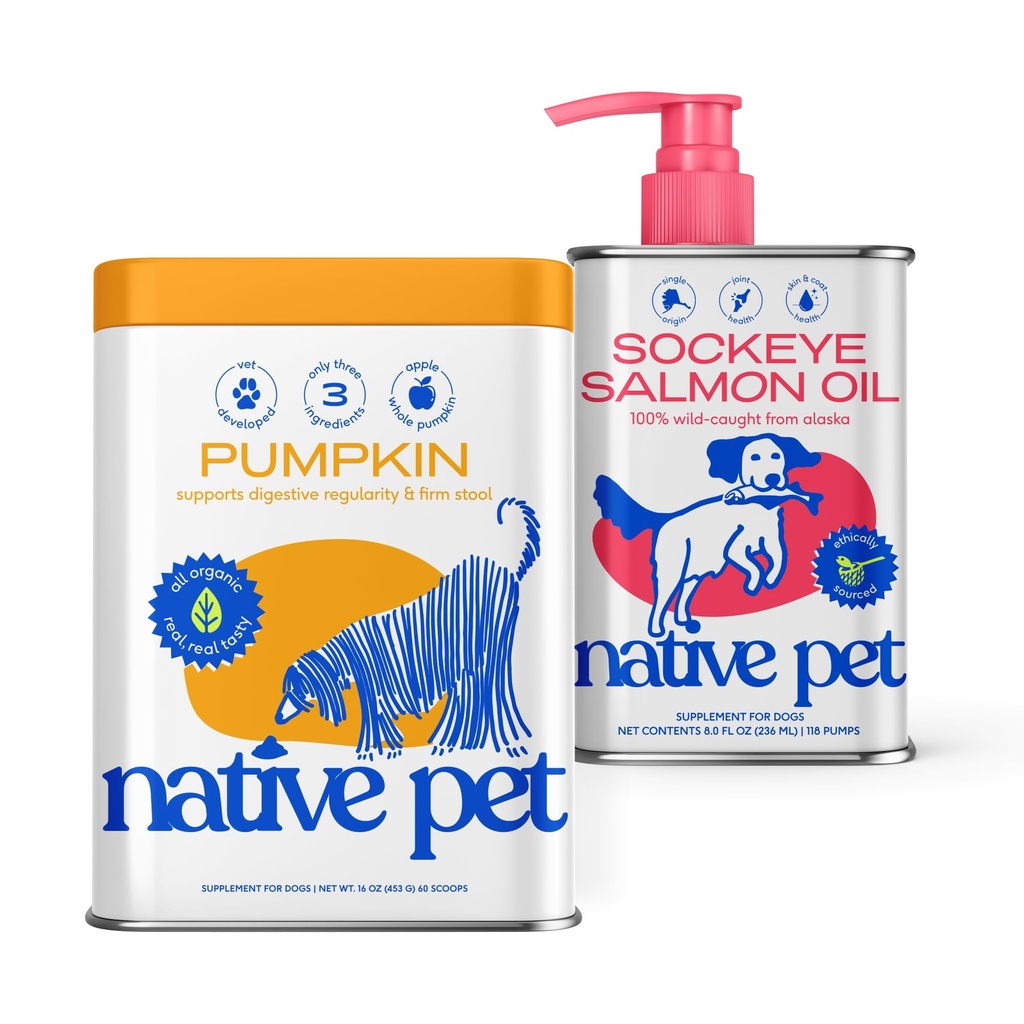 Native Pet Organic Pumpkin for Dogs (60 Scoops) & Salmon Oil for Dogs & Cats (8 Oz) - All-Natural, Organic Fiber Pumpkin Powder & Pure Omega-3 Fish Oil Supplement for Overall Health