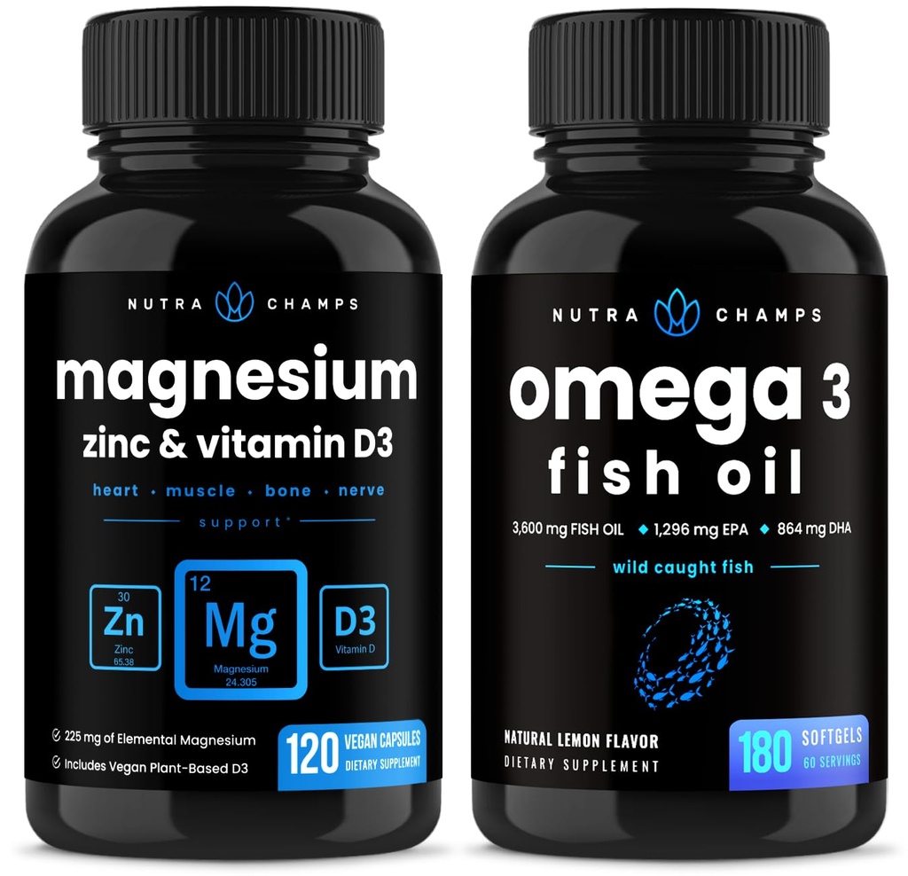 NutraChamps Μαγνήσιο ψευδάργυρος & βιταμίνη D3 κάψουλες και ωμέγα 3 κάψουλες ιχθυέλαιο 2 πακέτο
