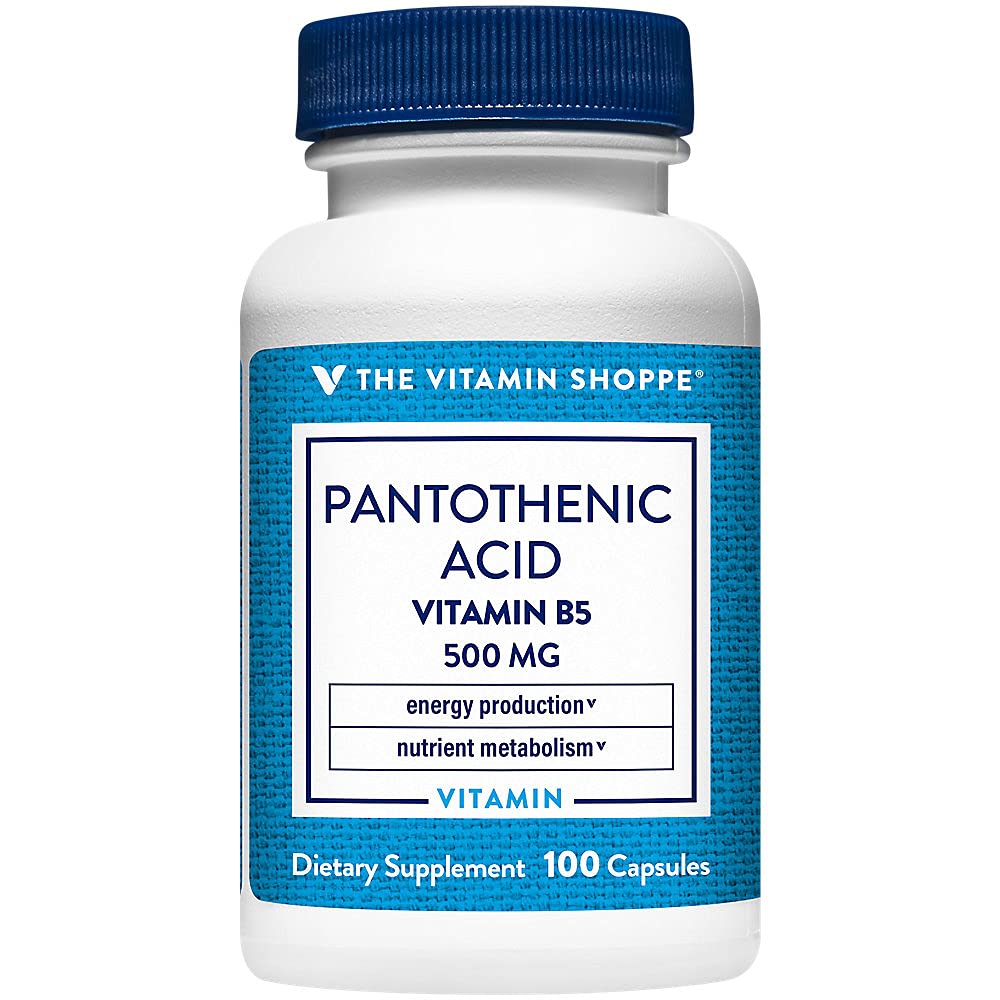 The Vitamin Shoppe Pantothenic Acid 500mg Vitamin B5 - Energy Production & Hair Skin Nails | Essential B Vitamin | 100 Capsules | Beauty