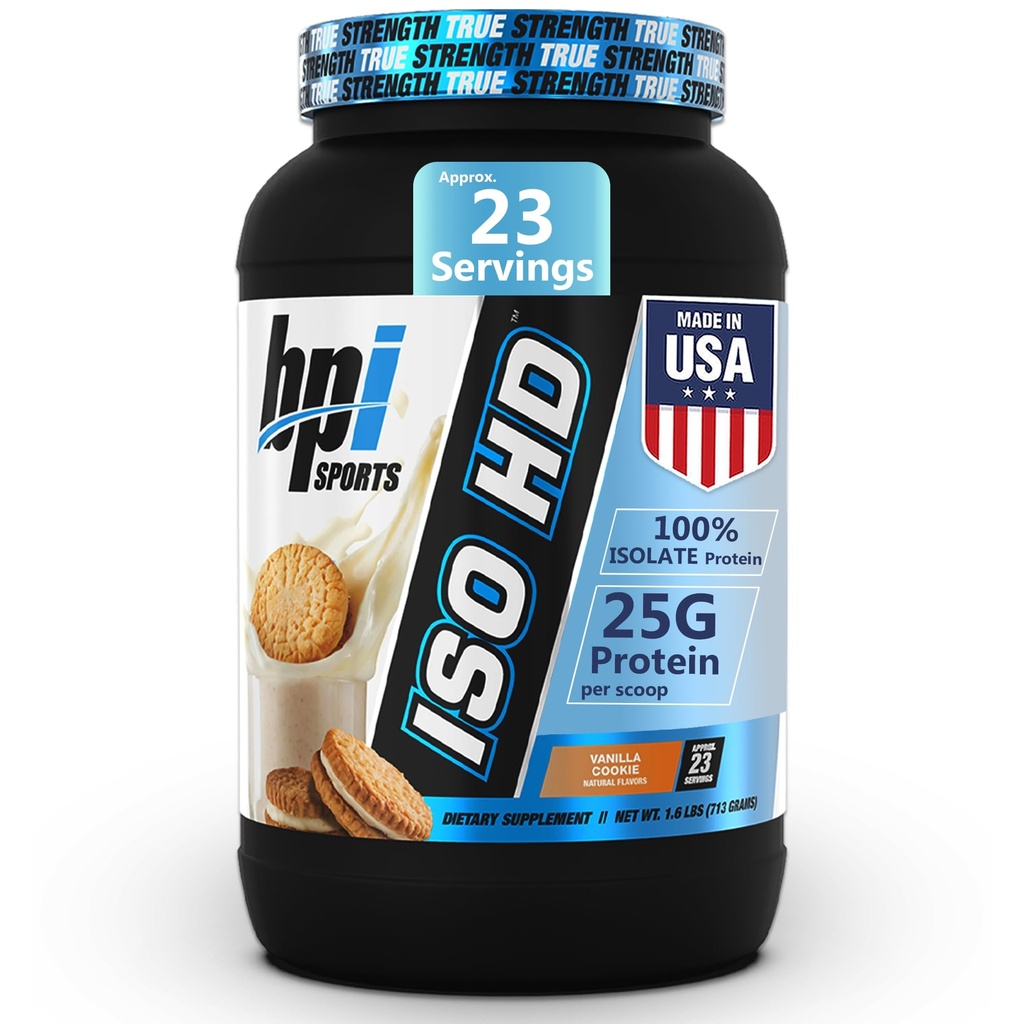 BPI Sports ISO HD Isolate Protein Powder – 100% Whey Isolate, Protein Powder for Muscle Gain - Vanilla Cookie - 1.6 Lb - 23 Σερβιέτες