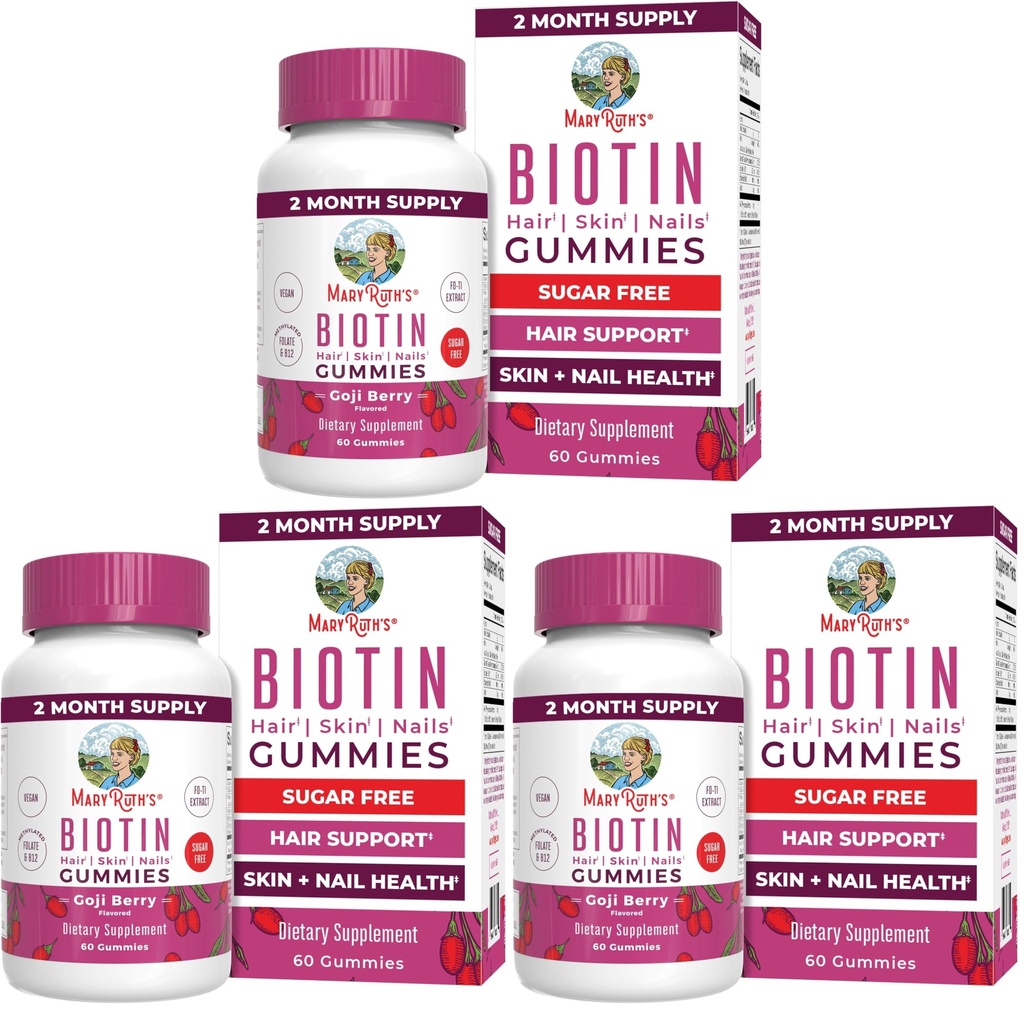 MARYRUTH'S Organics Biotin Gummies | Sugar Free | Vegan | Non-GMO | 2,500 mcg Biotin Supplement | Hair Skin and Nails Vitamins | Hair Growth Vitamins | Hair Growth Supplement | 60 Count (Pack of 3)