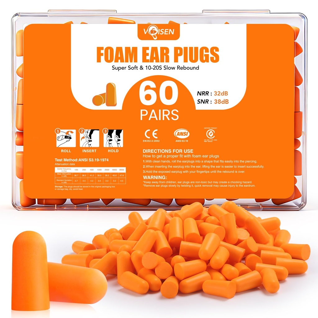 VOISEN 60 Pairs Foam Ear Plugs, Ear Plugs for Sleeping Noise Cancelling | 32dB NRR, 38dB SNR Earplugs for Sleeping, Snoring, Studying, Loud Events, Traveling & Concerts, Orange