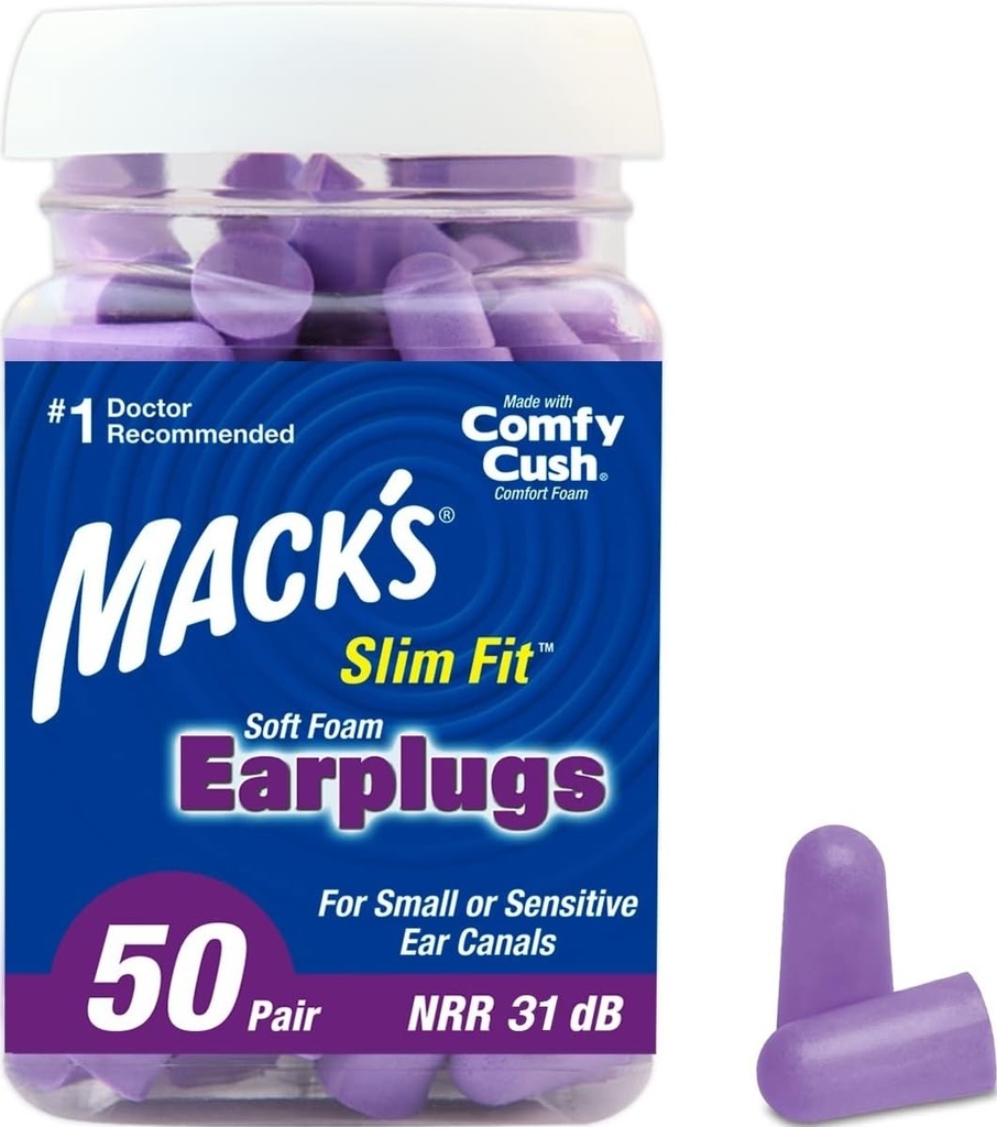 Mack's Slim Fit Soft Foam Earplugs, 50 Pair - Small Ear Plugs for Sleeping, Snoring, Traveling, Concerts, Shooting Sports & Power Tools | Made in USA