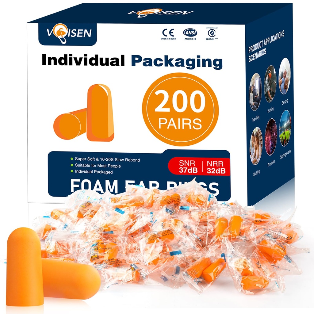 VOISEN Foam Ear Plugs,200 Pairs Ear Plugs for Sleeping | 32dB NRR 37dB SNR Ear Plug Noise Cancelling for Snoring, Studying, Loud Events,Traveling & Concerts, Individual Package