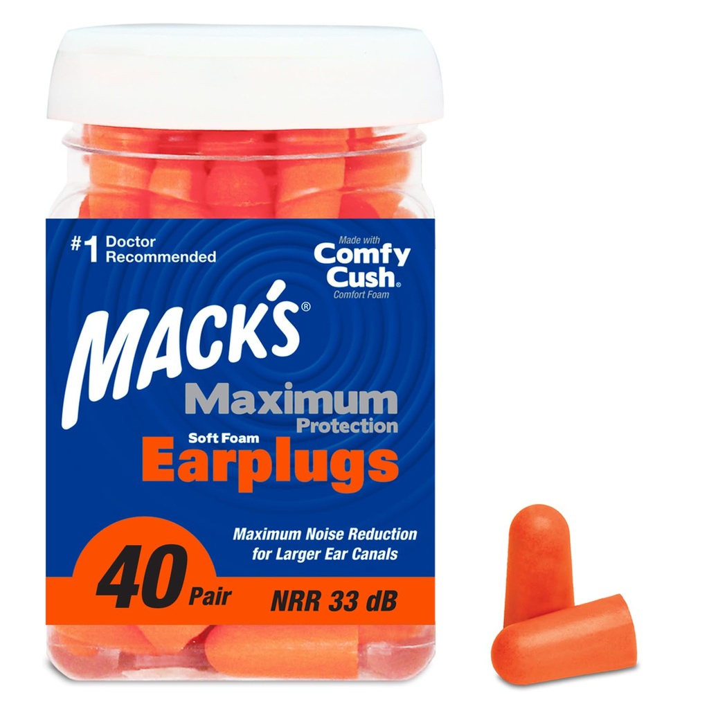 Mack’s Maximum Protection Soft Foam Earplugs – 40 Pair, 33 dB Highest NRR – Comfortable Ear Plugs for Sleeping, Snoring, Loud Concerts, Motorcycles and Power Tools | Made in USA
