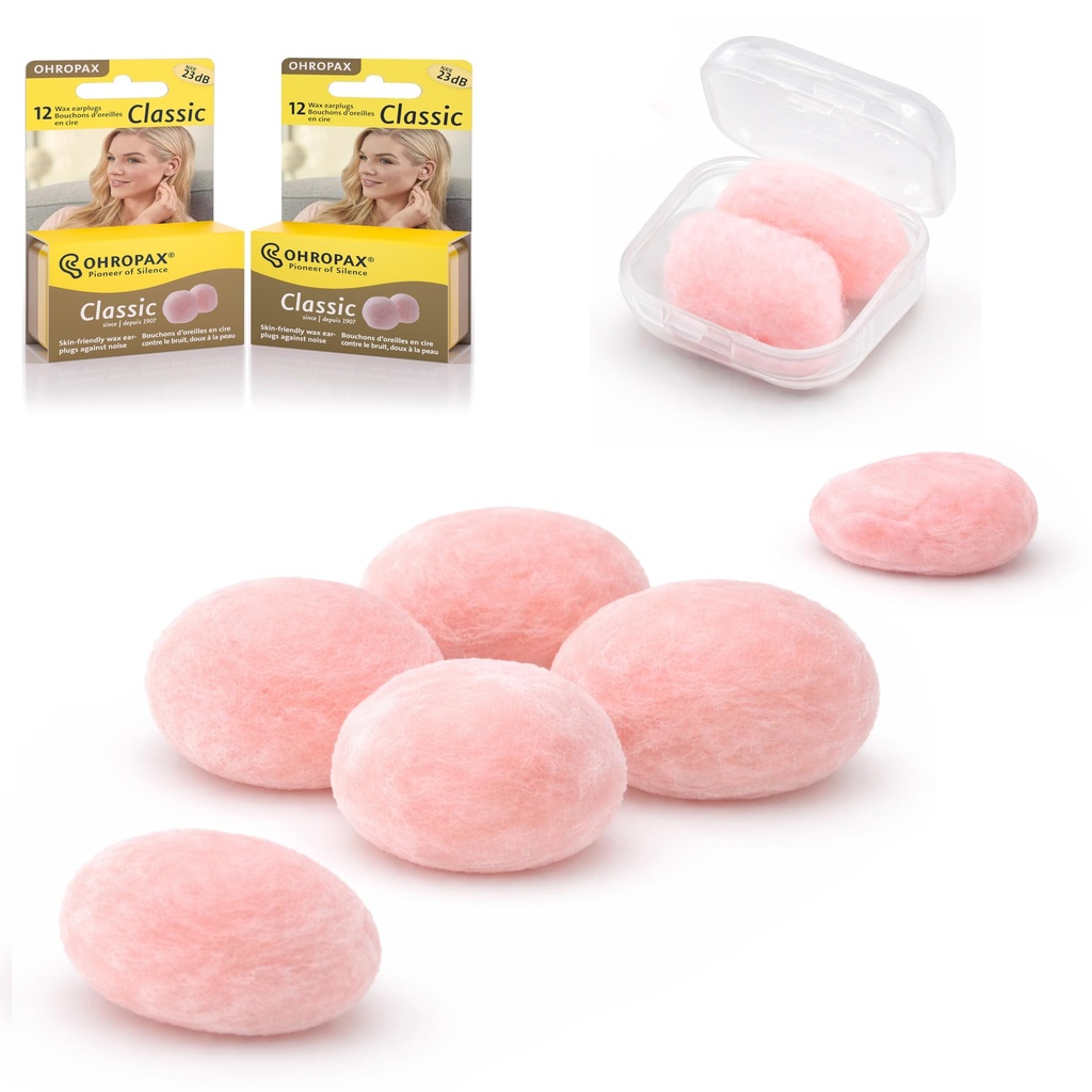 Ohropax Reusable Wax/Cotton Ear Plugs (24 Plugs Total)(1 Clear Carrying Case) - Ear Plugs for Sleeping Noise Cancelling, Swimming, Shooting Ear Protection, and a snoring Solution.