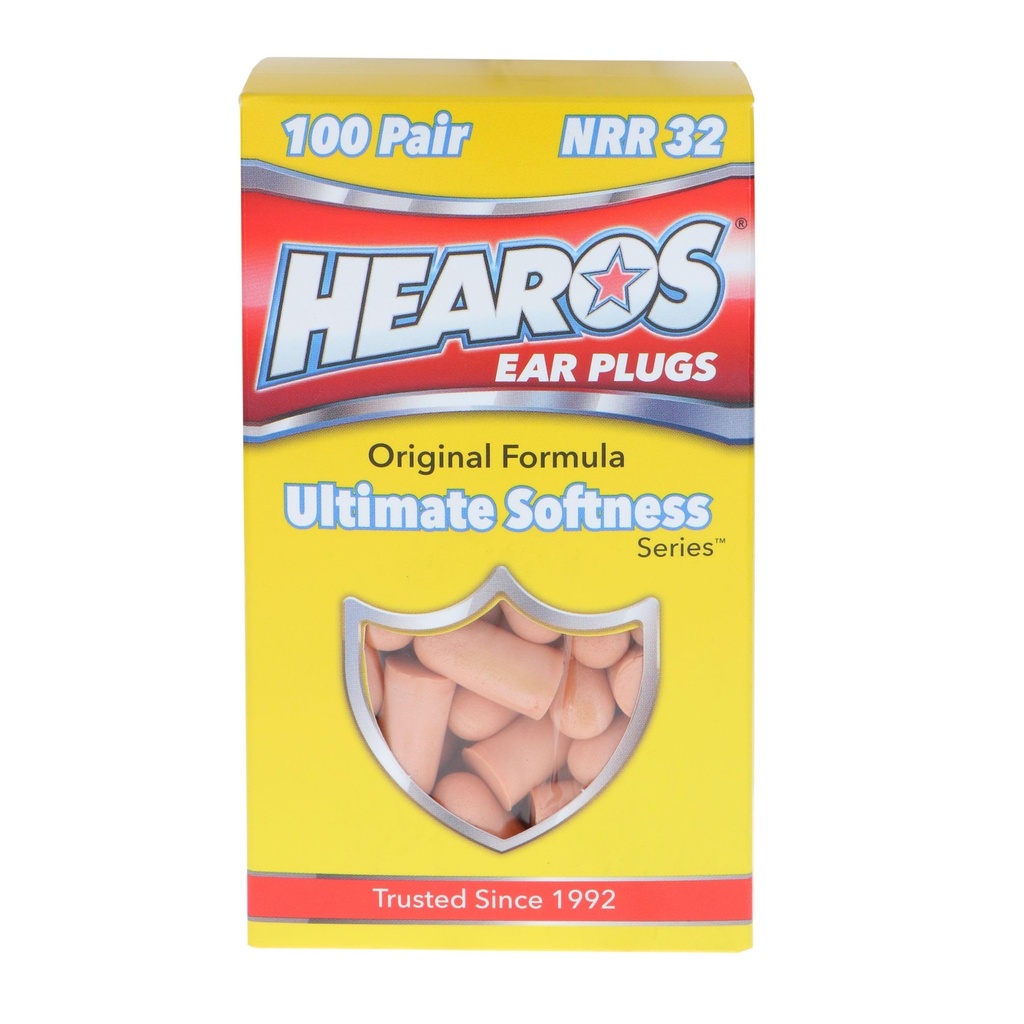 HEAROS Ultimate Softness Foam Disposable Earplugs, NRR 32, 100 Pair, PU Foam, Hearing Protection, Beige (5299)