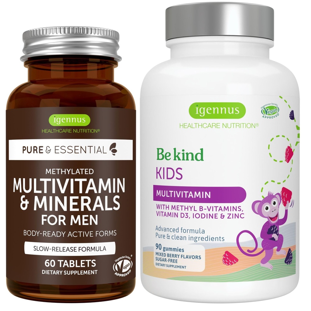 Multivitamin & Minerals for Men + Advanced Kids Multivitamin Gummy Vegan Bundle, with Methylated B-Vitamins, Vitamin A, C, D3 & E, Clean Label, 60 Tablets + 90 Berry Flavor Gummies, by Igennus