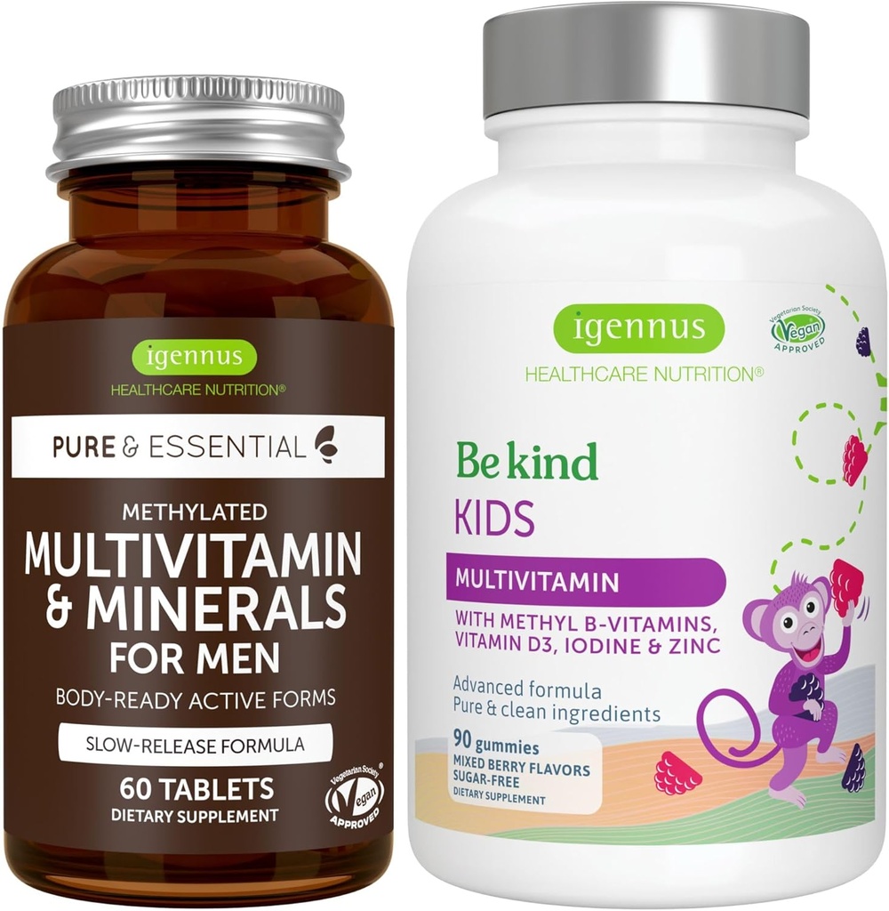 Multivitamin & Minerals for Men + Advanced Kids Multivitamin Gummy Vegan Bundle, with Methylated B-Vitamins, Vitamin A, C, D3 & E, Clean Label, 60 Tablets + 90 Berry Flavor Gummies, by Igennus