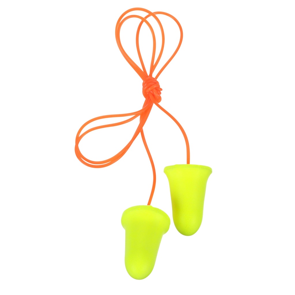 3M Ear Plugs with Cord, E-A-Rsoft FX 312-1260, Disposable, NRR 33 | 200 Pairs/Box, Foam Earplugs, Drilling, Grinding, Machining, Sawing, Sanding, Welding, 1 Pair per Poly Bag
