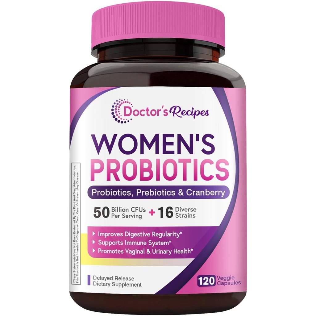 Doctor's Recipes Women’s Probiotic, 120 Caps 50 Billion CFU 16 Strains, with Organic Cranberry, Digestive Immune Vaginal & Urinary Health, Rafium Stable, Delayed Release, No Soy Glutten Dairy
