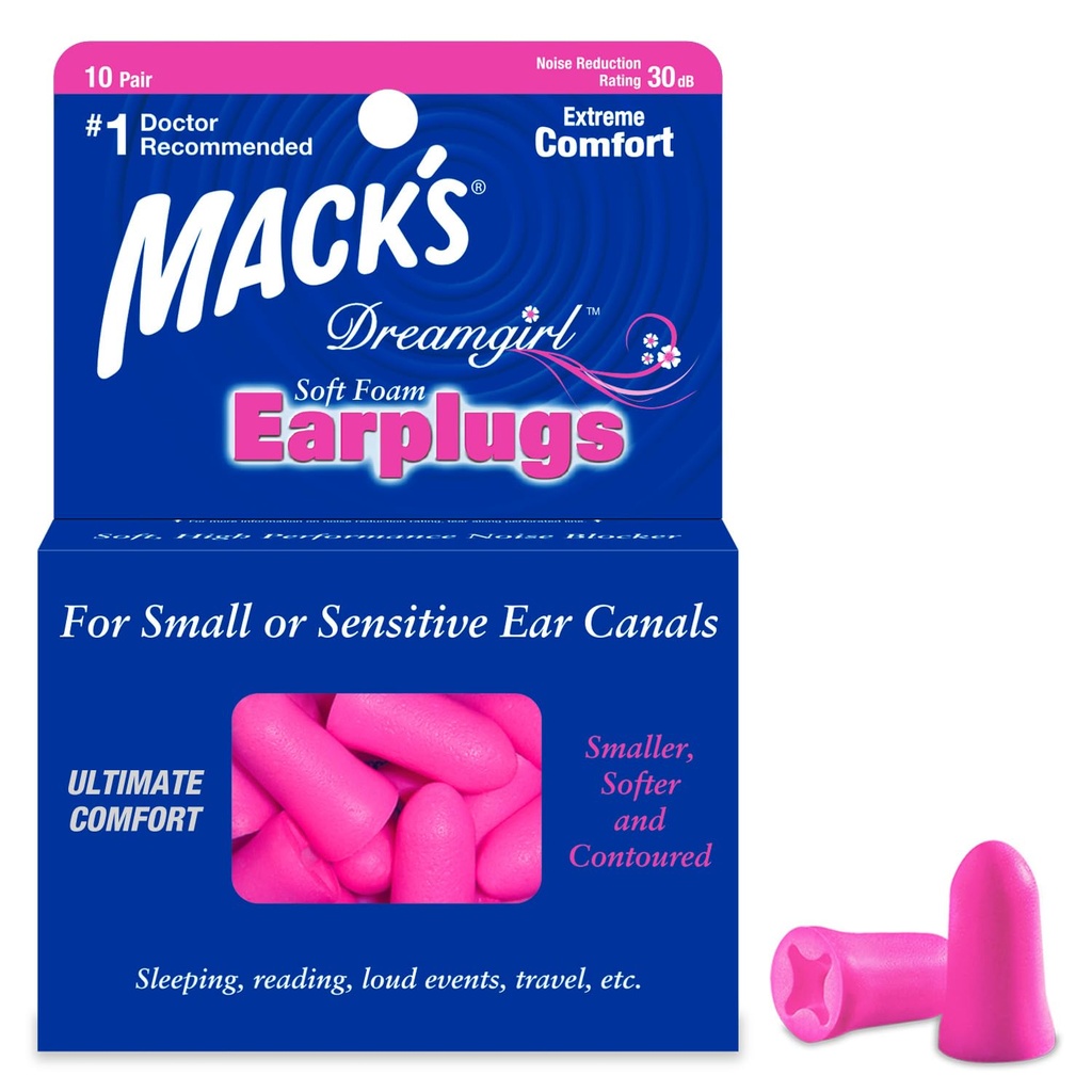 Mack's Dreamgirl Soft Foam Earplugs, 10 Pair, Pink - 30dB NRR, 33dB SNR - Small Ear Plugs for Sleeping, Snoring, Studying, Loud Events, Traveling & Concert