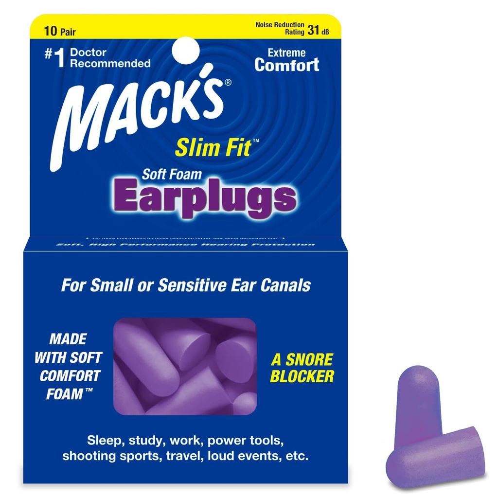 Mack's Slim Fit Soft Foam Earplugs, 10 Pair - Small Ear Plugs for Sleeping, Snoring, Traveling, Concerts, Shooting Sports & Power Tools | Made in USA