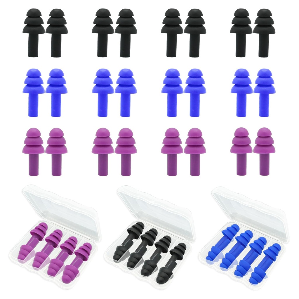 Ear Plugs for Sleeping,12 Pair Earplugs Noise Canceling Soft Silicone Ear Plug Reusable Earplugs for Sleep,Concert,Swimming,Study,Loud Noise,Snoring(Black Blue Purple)